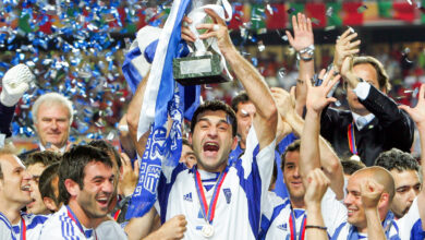 The Unlikely Winners : Greece EURO 2004 Triumph Zagorakis Lifting The Trophy After Greece's Final Triumph