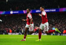 Jurrien Timber and William Saliba Celebrating the Former's Goal Vs Bayern Munich