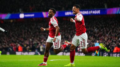 Jurrien Timber and William Saliba Celebrating the Former's Goal Vs Bayern Munich