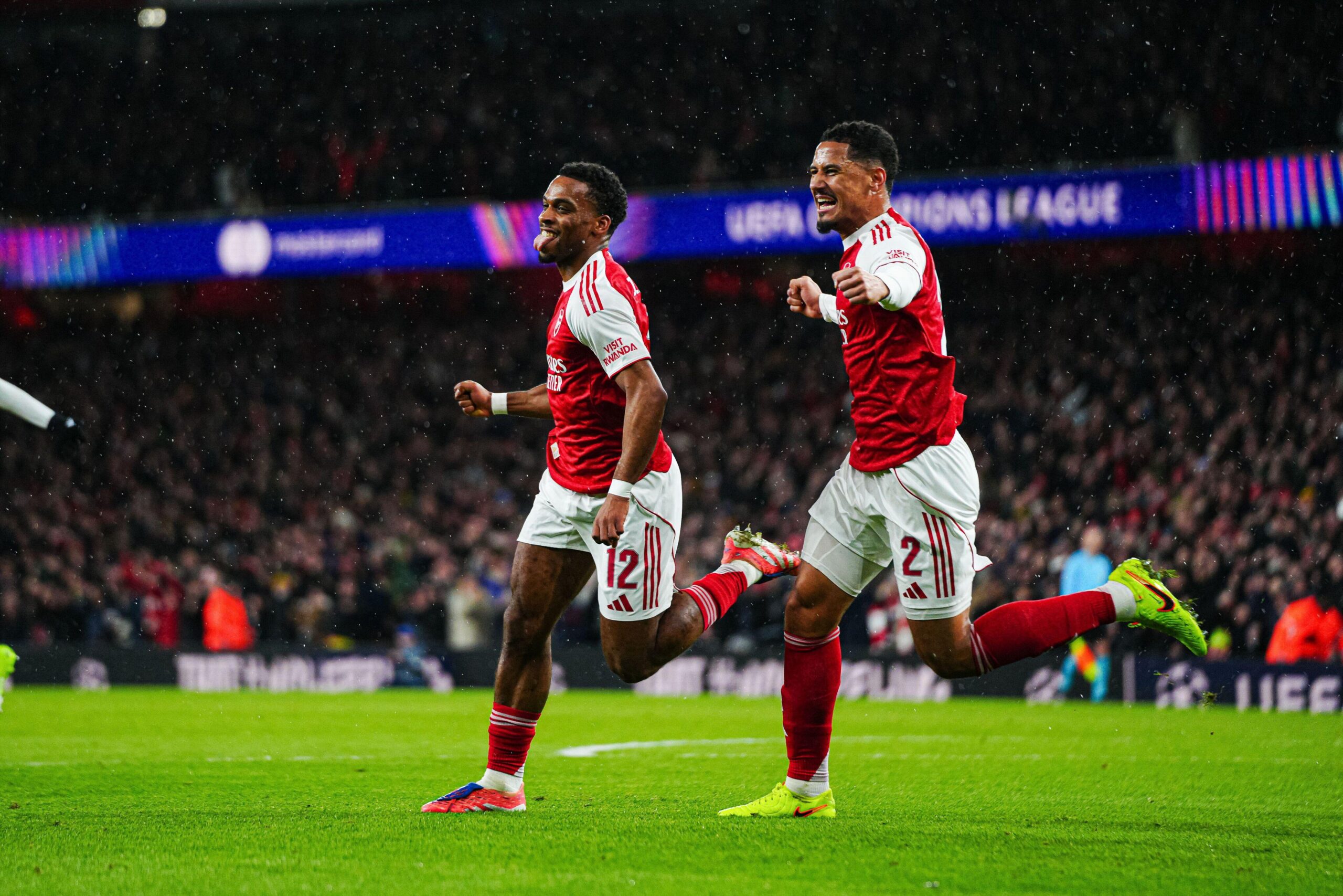 Jurrien Timber and William Saliba Celebrating the Former's Goal Vs Bayern Munich