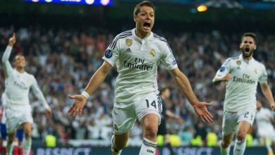 Javier "Chicharito" Hernandez celebrating his stoppage time winner vs Atletico Madrid in the UCL