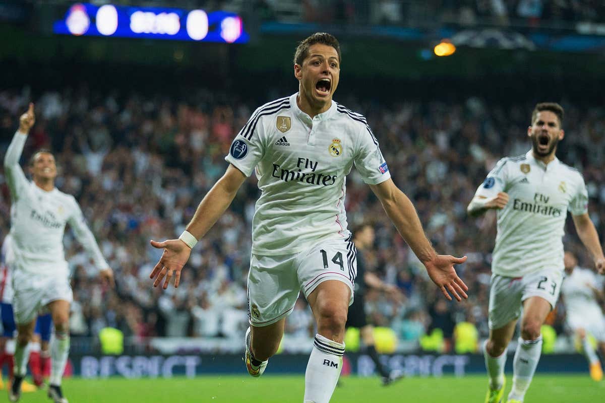 Javier "Chicharito" Hernandez celebrating his stoppage time winner vs Atletico Madrid in the UCL