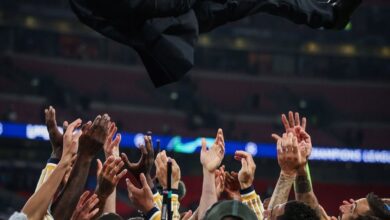 Carlo Ancelotti Being Thrown Into The Air By His 23/24 Real Madrid Side After Winning The UCL Final