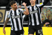 Lewis Miley and Bruno Guimaraes Celebrating The Former's Stoppage Time Winner