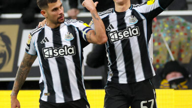 Newcastle 2-1 Fulham Lewis Miley and Bruno Guimaraes Celebrating The Former's Stoppage Time Winner