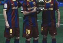 (L to R) Andres Iniesta, Lionel Messi and Xavi Hernandez