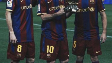 The 3rd Man Run (L to R) Andres Iniesta, Lionel Messi and Xavi Hernandez