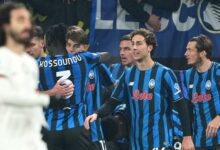 Atalanta Players Celebrating Their Late Winner Vs Chelsea